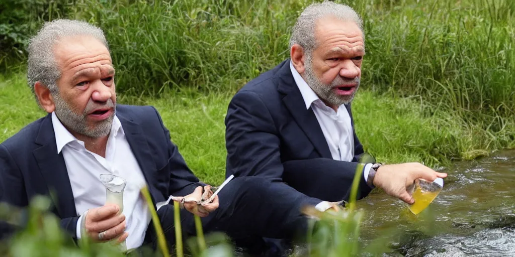 Prompt: alan sugar drinking from a stream