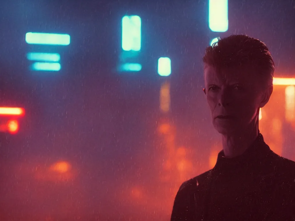 Image similar to David Bowie, close-up, film still from Blade Runner 2049, beautiful lighting, raining, neon lights, cinematic, depth, ultra-sharp details