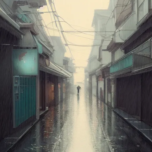 Image similar to a painting of a rain soaked back street in osaka, digital art, trending on artstation, by studio ghibli and greg rutkowski. spirited away. trending on artstation, hyperrealism, unreal engine