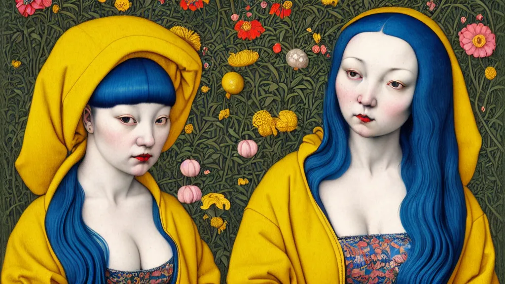 Prompt: portrait of a curvy woman with blue hair buns, wearing a yellow hoodie, standing in a botanical garden, intricate details, high detail, in the style of rogier van der weyden and jacopo da pontormo, by mark ryden, punk, asian art,