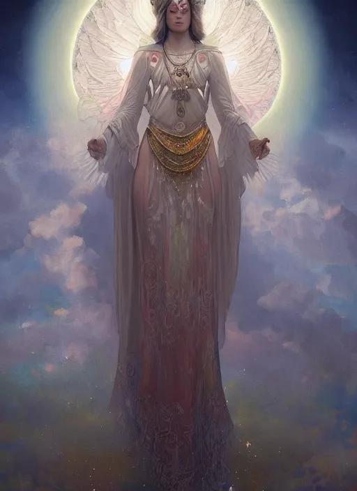 Image similar to A beautiful digital painting of a female Seraphim full of jewels, princess, the moon behind her, intricate, cinematic lighting, highly detailed, digital painting, Artstation, concept art, smooth, sharp focus, illustration, art by Tom Bagshaw, Artgerm and Greg Rutkowski