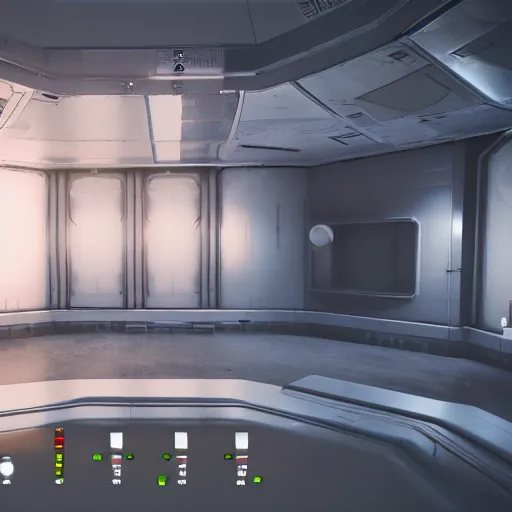 Prompt: space laboratory, cozy, simple, reflective surfaces, unreal engine 5 tech demo, unsplash