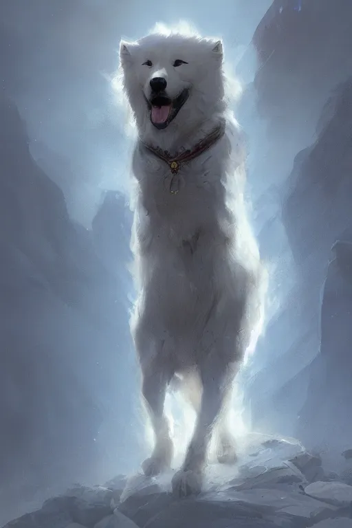 Image similar to comic book cover. heroic samoyed dog in mage clothes by greg rutkowski, trending on artstation