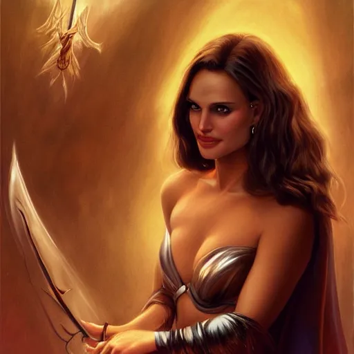 Image similar to natalie portman as a sorceress, artstation, boris vallejo, highly detailed