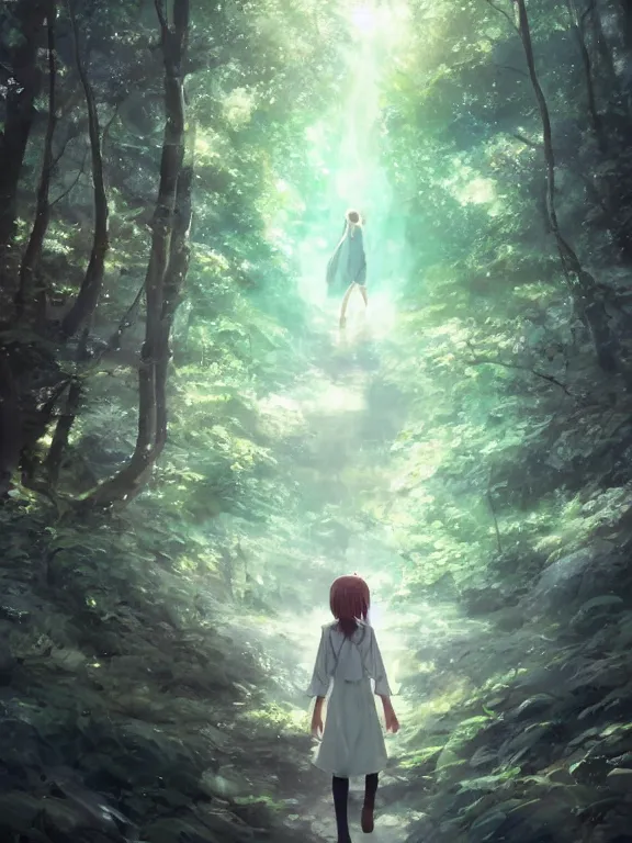 Prompt: an angel walking through a forest, holy aura. 8 k, octane render. by makoto shinkai, stanley artgerm lau, wlop, rossdraws, james jean, andrei riabovitchev, marc simonetti, krenz cushart, sakimichan, d & d trending on artstation, digital art.