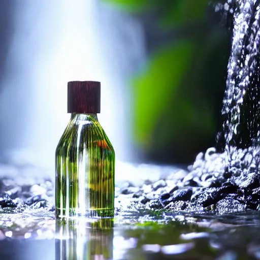 Prompt: perfume bottle sitting on a small clear tropical waterfall, close up shot, upfront, surrounded by tropical leaves, blurred tropical background, softly - lit, soft - warm, zen, light, modern minimalist f 2 0 clean