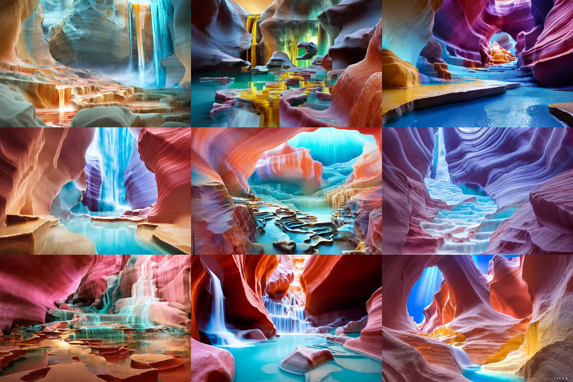 Prompt: fushimi inari on pamukkale thermal waters flowing down gold travertine terraces in royal blue antelope canyon during sakura season on an interstellar aurora borealis with heavy thunder and lightning, pink waterfalls, flowers, by peter mohrbacher, james jean, james gilleard, greg rutkowski, vincent di fate, rule of thirds, octane render, beautiful landscape