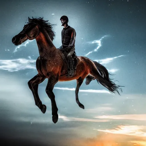 Image similar to hyper realistic picture of the horse rider of the apocalypse decending the sky on the verge of human extintion, deep shadows, high contrast, ash atmospher, nuclear winter