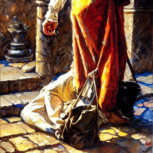 Prompt: talking medieval beggar in rags with a drop, holding bag of gold, fantasy character portrait by michael garmash, donato giancola