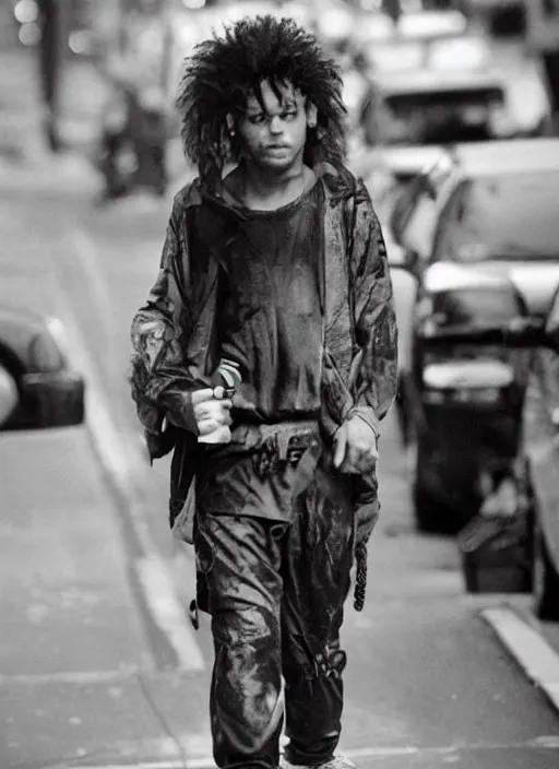 Image similar to tough looking person with piercings walking down the street in New York. younger man, sweat suit, punk rocker, award winning photography, high detail, photography by Annie Leibovitz, Ansel Adams, Mary Ellen Mark