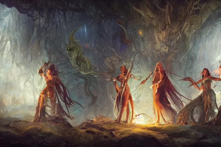 Image similar to the muses. sacred singers they who took up the strings of the deep, and turned the cacophony of an angry world into songs of unity and peace. morning lighting, cinematic fantasy painting, dungeons and dragons, jessica rossier and brian froud