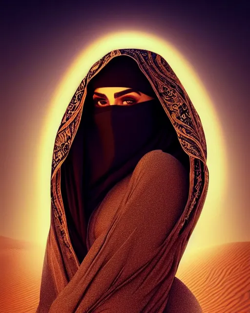 Image similar to Portrait of very very very very very very beautiful Arab woman wearing a Niqab, glowing magical eyes, energy trails, under giant full moon in the desert, intricate, elegant, highly detailed, digital painting, artstation, concept art, smooth, sharp focus, illustration, art by artgerm and greg rutkowski and alphonse mucha