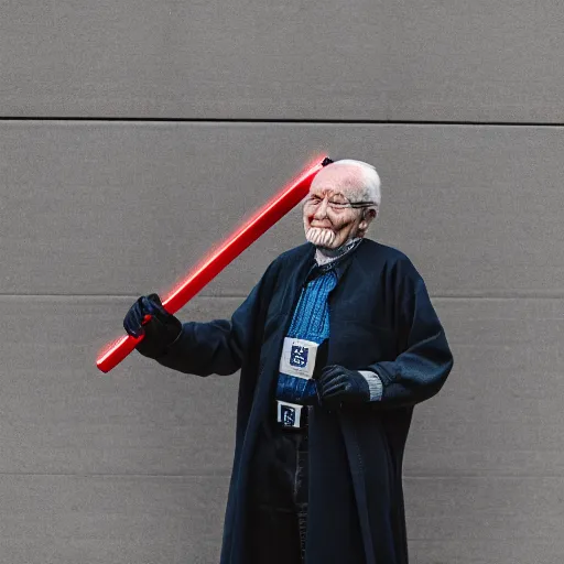 Prompt: elderly man with lightsaber, canon eos r 3, f / 1. 4, iso 2 0 0, 1 / 1 6 0 s, 8 k, raw, unedited, symmetrical balance, in - frame