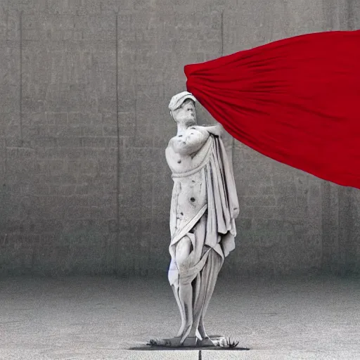 Image similar to a roman statue covered by red cloth that's blowing in the wind, digital art, concept art, cloth simulation with houdini, octane, redshift, 8 k