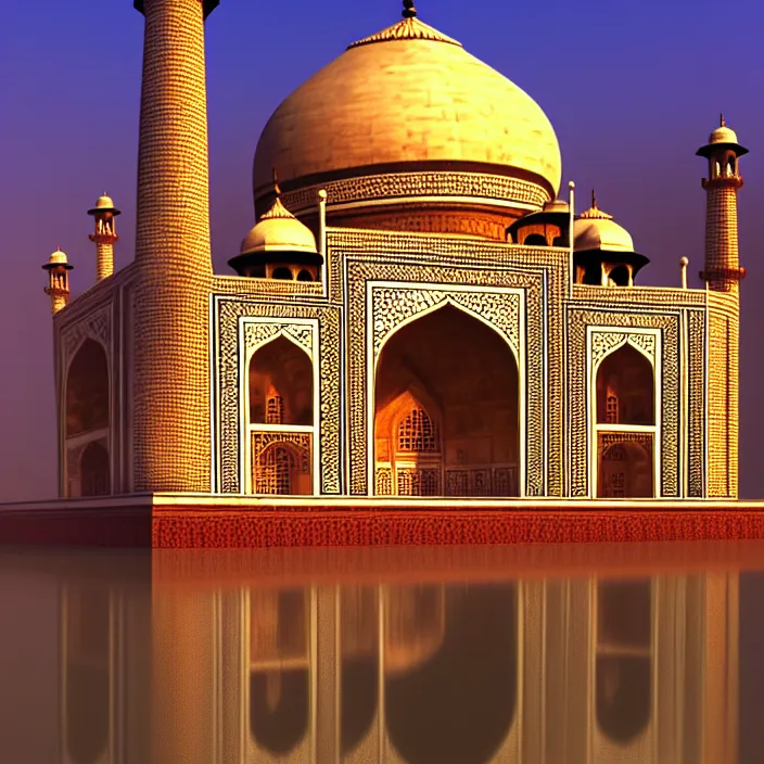 Image similar to taj mahal, naturel, glossy reflections, hyper detailed, digital art, trending in artstation, cinematic lighting, studio quality, smooth render, unreal engine 5 rendered, octane rendered, art style by klimt and nixeu and ian sprigger and wlop and krenz cushart.