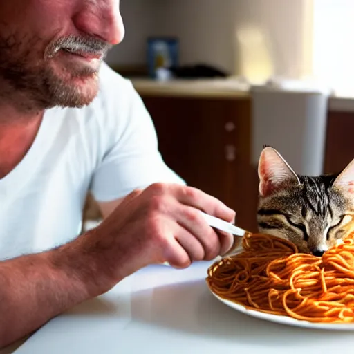 Prompt: a man eating spaghetti with a cat next to him