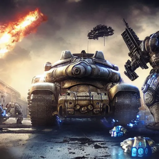 Image similar to a 'Blastoise Tank' in 'Gears of War', splash art, movie still, cinematic lighting, detailed face, dramatic, octane render, long lens, shallow depth of field, bokeh, anamorphic lens flare, 8k, hyper detailed, 35mm film grain