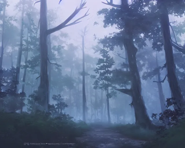 Image similar to environmental illustration of a wide angle shot of a trail in a foggy ancient forest | | anime key visual, official media, illustrated by wlop, extremely detailed, 8 k, trending on pixiv, cinematic lighting, beautiful