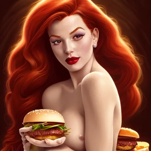 Image similar to portrait ofJessica Rabbit eating hamburgers, extra onions and ketchup, luscious patty with sesame seeds, feminine ethereal, handsome, D&D, fantasy, intricate, elegant, highly detailed, digital painting, artstation, concept art, matte, sharp focus, illustration, art by Artgerm and Greg Rutkowski and Alphonse Mucha
