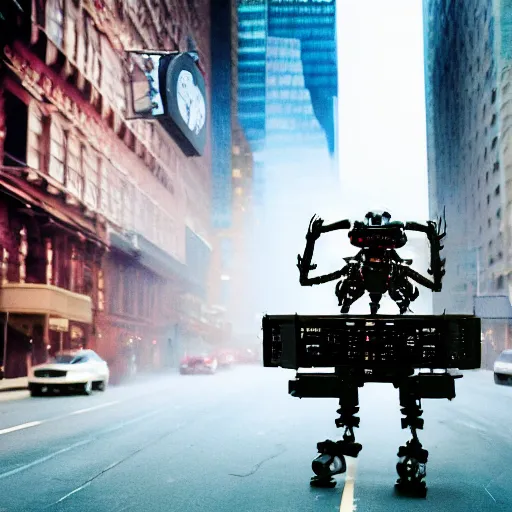 Prompt: closeup portrait of a man piloting a spaceship in a smoky new york street, giant spider robot, by Annie Leibovitz and Steve McCurry, natural light, detailed face, CANON Eos C300, ƒ1.8, 35mm, 8K, medium-format print