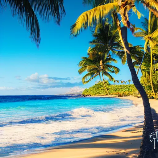 Image similar to a quiet beach in hawaii, pristine, waves, palm trees, sun in the sky, photography