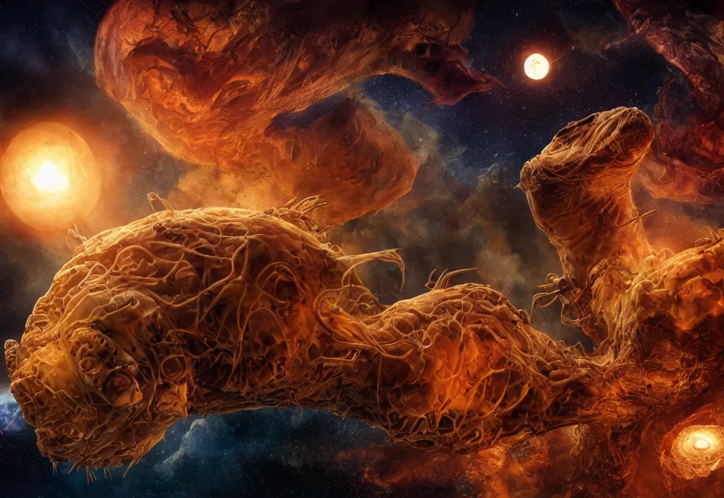 Image similar to eldritch horror bloody garfield in space, hd, 8 k, giant, epic, realistic photo, unreal engine, stars, prophecy, powerful, cinematic lighting, destroyed planet, debris, violent, sinister, ray tracing, dynamic, epic composition, dark, horrific, teeth, grotesque, monochrome drawing, hellscape, death, corpses, foreboding