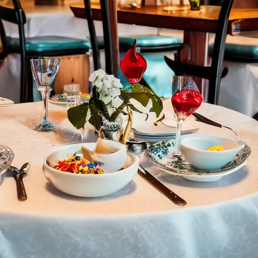 Prompt: close up of an itailian restaurant dining booth with a white table cloth and fine china, in the center of the table is a flickering candle filled with small colorful translucent butterflies. 4K. HDR