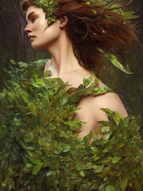 Prompt: portrait of a forest mage, female, dress made of green leaves, gorgeous face, green hair, brown skin, curves, forest background, highly detailed, smooth, sharp focus, chiaroscuro, digital painting, artgerm and greg rutkowski and alphonse mucha