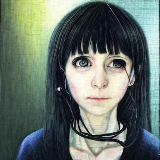 Image similar to pure evil lain with hundreds of wires coming out of her head, portrait, painting