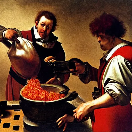 Image similar to Ronald Mcdonald putting meat into a metal mincer. High detail painted by Caravaggio