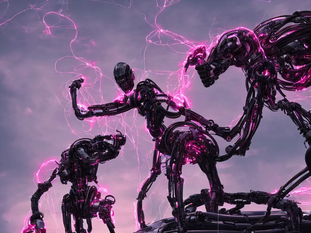 Prompt: a black girl cientist creating a giantic pink elephant robot with a lot of button potenciometers and iron cables, futuristic, cyberpunk, biomechanical, xenomorphic, photorealistic, ultra detailed, 4 k, chomatic aberration, dof
