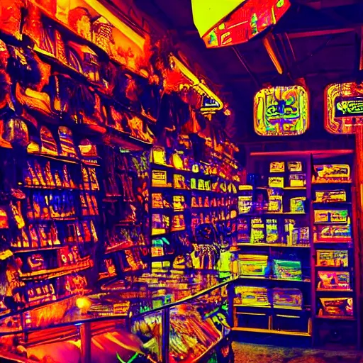 Image similar to inside a store at night, ethereal, ancient, neon lit, cosmic, mysterious