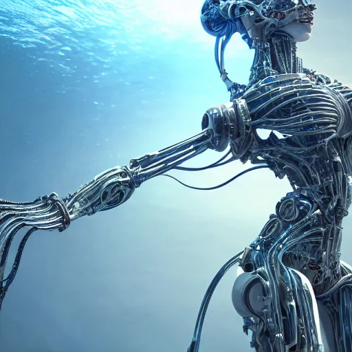 Image similar to biomechanical mecha white mermaid underwater, rays of light. Style of westworld, cables, lights, searchlight, weta digital, octane render, insane details, ultra realistic, beatifully lit, reflections