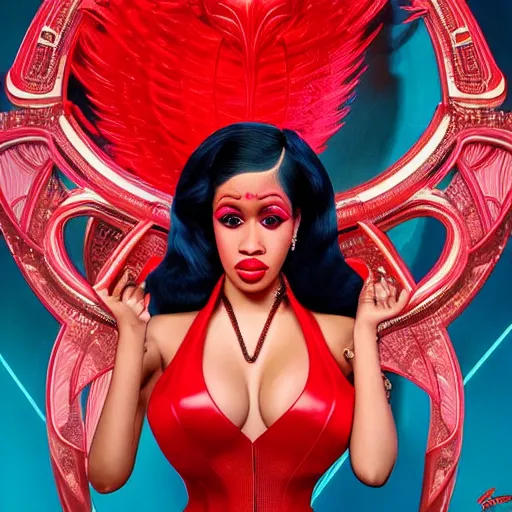 Image similar to cardi b and james bond as darna, wax figure, glowing eyes, volumetric lights, red and cyan theme, art nouveau botanicals, intricate, highly detailed, digital painting, artstation, concept art, smooth, sharp focus, cinematic, illustration, beautiful face, art by artgerm and greg rutkowski and alphonse mucha