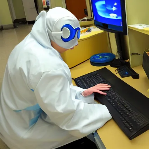 Image similar to A dolphin wearing a chemist outfit playing games on a computer