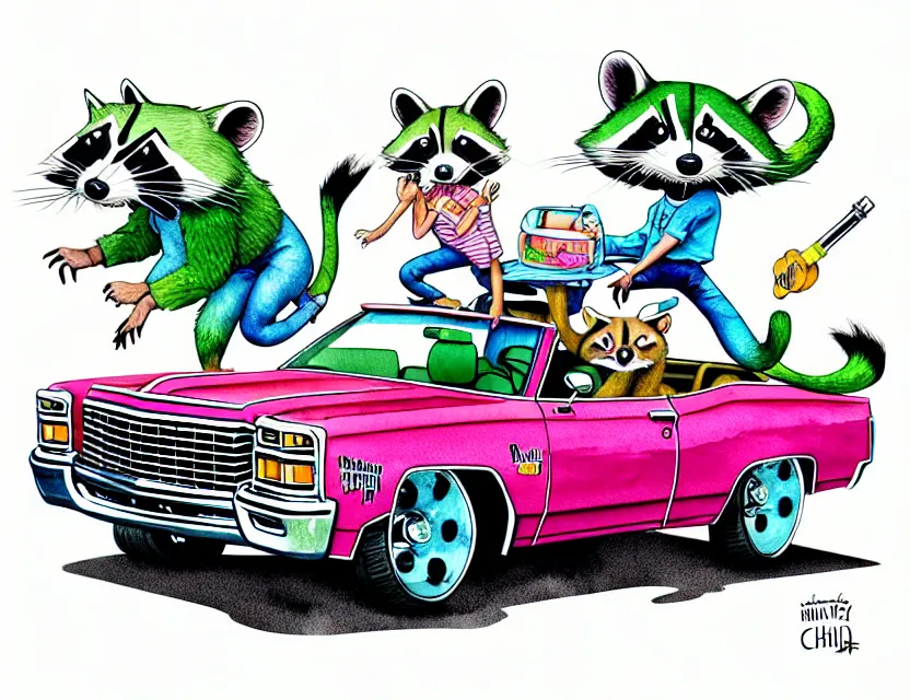 Image similar to cute and funny, racoon riding in a 1 9 6 9 chevy impala drop top with hydraulics, ratfink style by ed roth, centered award winning watercolor pen illustration, isometric illustration by chihiro iwasaki, edited by range murata, tiny details by artgerm and watercolor girl, symmetrically isometrically centered