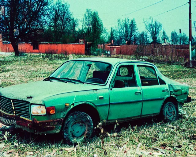 Image similar to a lomographic photo of old lada 2 1 0 7 standing in typical soviet yard in small town, hrushevka on background, cinestill, bokeh