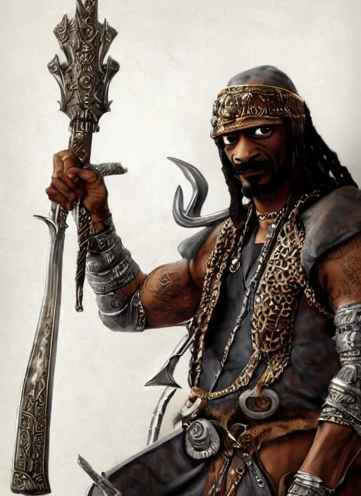 Image similar to snoop dogg as a barbarian, short beard, grumpy, Ivan Aivakovsky, Boris Vallejo, epic fantasy character art, D&D Concept Art, full length, Realistic, Regal, Refined, Detailed Digital Art, Oil Paining, Exquisite detail, post-processing, masterpiece, Cinematic Lighting, Unreal Engine, 8k, HD, Stanley Artgerm Lau, WLOP, Rossdraws, Frank Frazetta, Andrei Riabovitchev, Marc Simonetti, trending on artstation,