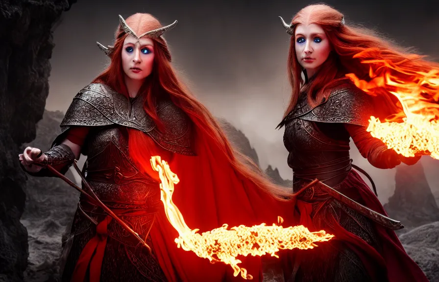 Image similar to 8 k uhd an elven priestess with grey eyes and red hair wearing an armor and casting a fire spell in a dungeon,