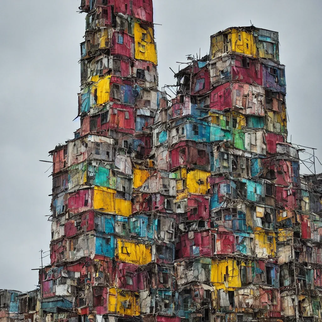 Image similar to close - up view of a tower made up of colourful makeshift squatter shacks with bleached colours, moody cloudy sky, dystopia, mamiya, fully frontal view, very detailed, photographed by bruno barbey