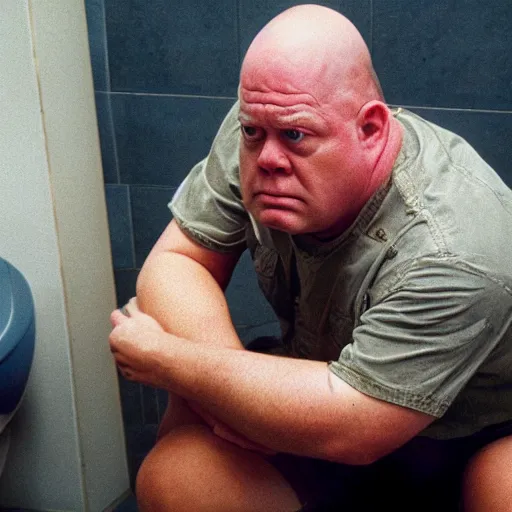 Image similar to a picture of hank schrader with a confused expression sitting on a toilet