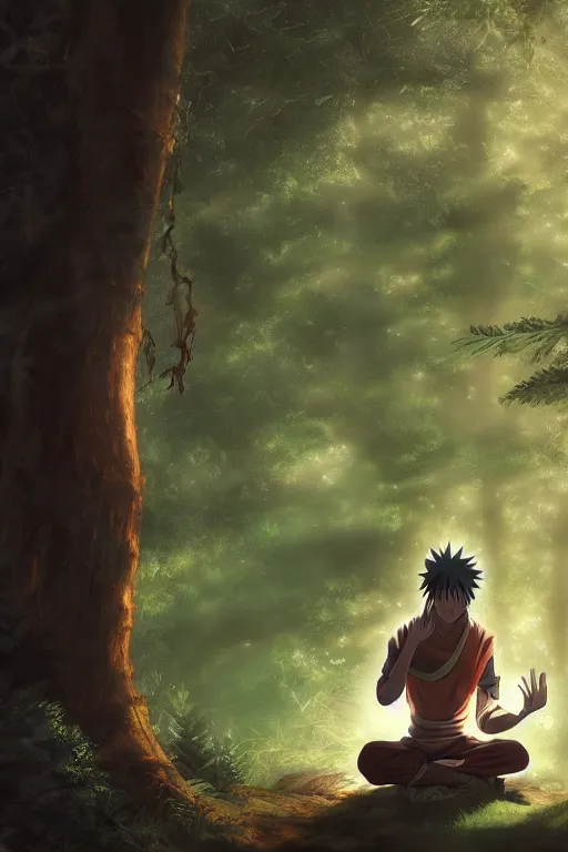 Image similar to photorealistic dark fantasy concept art of Naruto meditating in a forest, dynamic lighting, stunning visuals, realism, cinematic, hyper detailed, ultra detailed, beautiful visuals and sunset