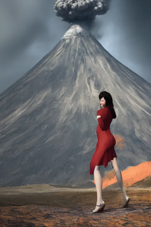 Image similar to a girl in a magnificent dress stands near a volcano, photorealistic, high resolution, trending on artstation, highly detailed, volumetric lighting