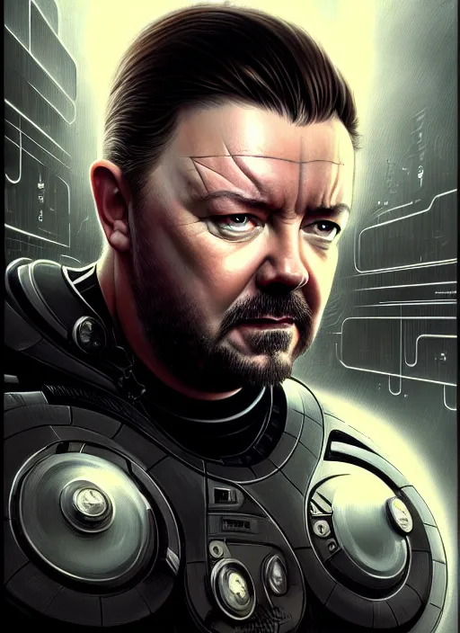 Image similar to portrait of ricky gervais, sci - fi, muscular! cyberpunk, intricate, elegant, highly detailed, digital painting, artstation, concept art, smooth, sharp focus, illustration, art by artgerm and greg rutkowski and alphonse mucha