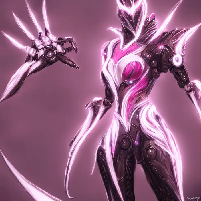 Image similar to highly detailed exquisite fanart, of a stunning beautiful female warframe, but as an anthropomorphic robot dragon, standing elegantly, shining reflective off-white plated armor, bright Fuchsia skin, sharp claws, full body shot, epic cinematic shot, realistic, professional digital art, high end digital art, DeviantArt, artstation, Furaffinity, 8k HD render, epic lighting, depth of field