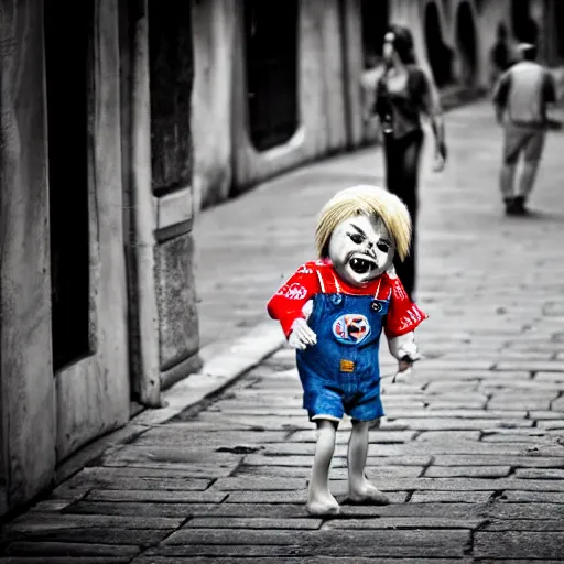 Image similar to screaming chucky doll chasing tourists in venice kodak porta hd