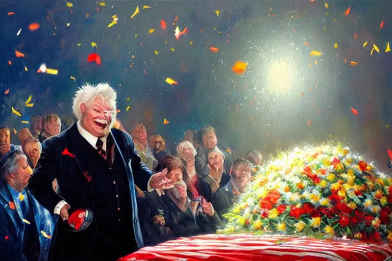 Image similar to portrait of rip taylor throwing confetti during a funeral service, an oil painting by ross tran and thomas kincade