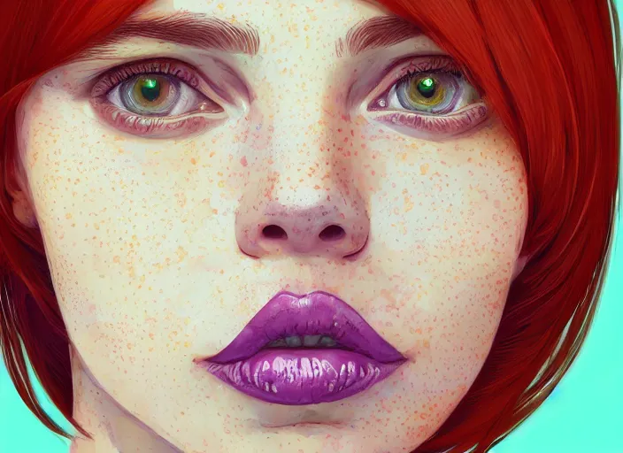 Prompt: portrait of a beautiful smiling girl with orange hair and freckles, green eyes, intricate, elegant. highly detailed, digital painting, artstation, concept art, smooth, sharp, focus, illustration. background is purple, art by Ilya Kuvshinov