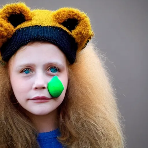 Prompt: she is a girl with a bird representing puberty on her face spots. he is used to dressing up as a tomboy and wearing a hat knitted hat, wearing green sweater, a beautiful blonde hair makes him look like a little lion with brute force.