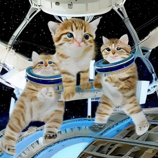 Image similar to astronaut kittens on the bridge of their spaceship, flying through space to the Webb telescope to play on it. Breathtaking high energy